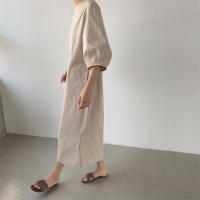 Vestido De Lino REALEFT Para Mujer Verano 2024 Estilo Minimalista Retro Cuello Redondo Manga Media Casual Vestido Recto Hasta La Rodilla - details 1