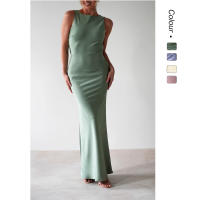 Vestido Largo Elegante Y Delgado De Verano Sin Mangas De Cuello Redondo Retro Para Vacaciones Estilo Casual Y Moda Color Sólido - details 0