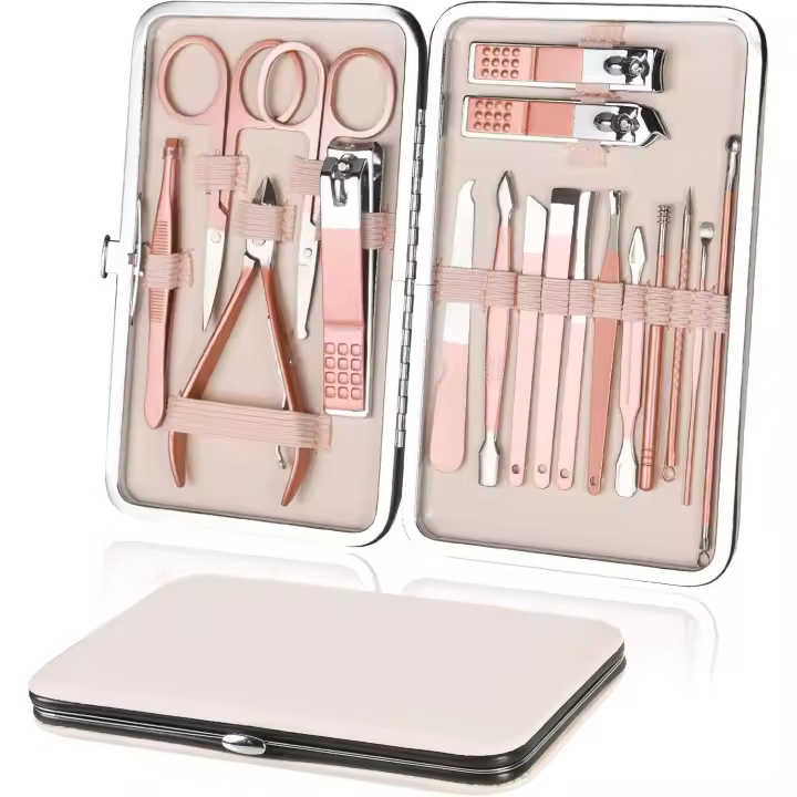 Set de manicura y pedicura, 18 cortaúñas, tijeras para uñas con removedor de cutículas, acero inoxidable, para viajes y hogar, con estuche de cuero. - 1