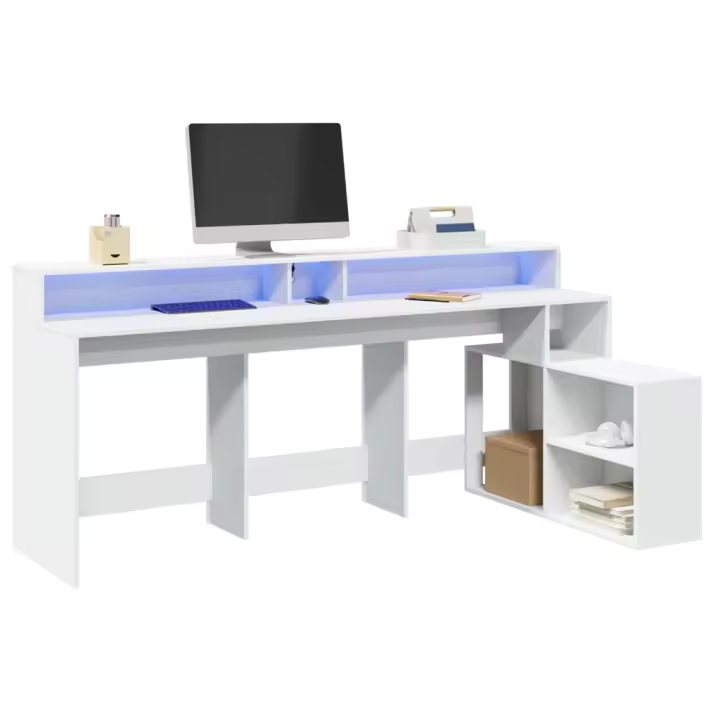 vidaXL Escritorio con luz LED madera ingeniería 200x104x91 cm en color Blanco/Roble Sonoma/Marrón roble y más | estructura resistente ideal para salón dormitorio o estudio - 1