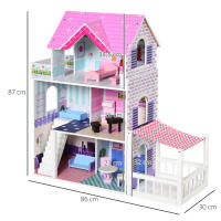 HOMCOM Casa de Muñecas de 3 Pisos con Patio 86x30x87 cm Muebles Accesorios Completos Diseño Lindo Casita Muñecas de Juguete Madera Rosa - details 2