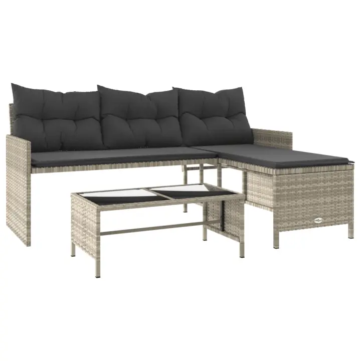 vidaXL Sofá jardín forma de L con mesa y cojines ratán PE gris claro - 1