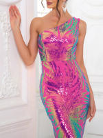 Vestido De Fiesta Largo De Encaje Con Un Hombro Sin Mangas Ajustado Para Mujer Color Azul Verde Rosa Lavanda Elegante Y Sexy - details 13