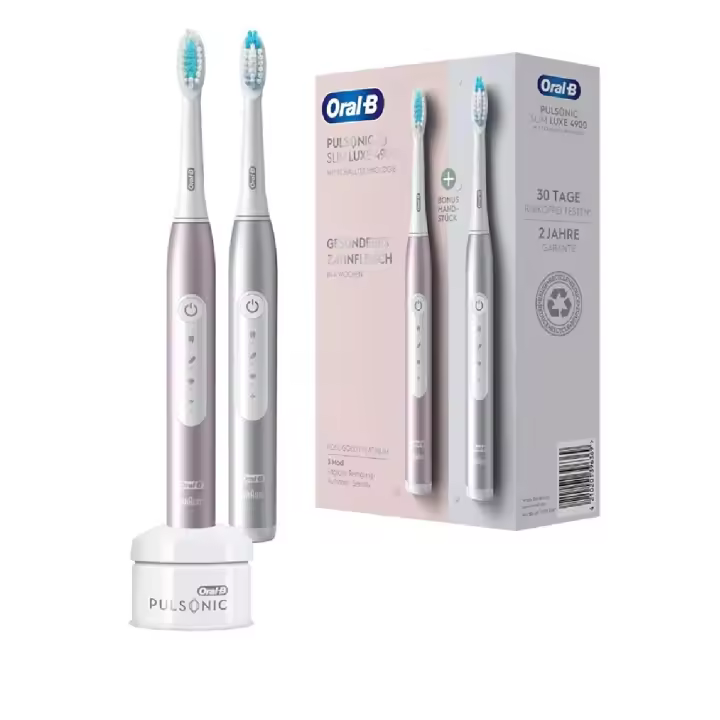ORAL-B PULSONIC-SLIMLUXE 4900 Cepillos de Dientes eléctricos sónicos con 3 modos de limpieza dental, 2 cabezales, Pack de 2 unidades, colores Rosa y Plata - 1