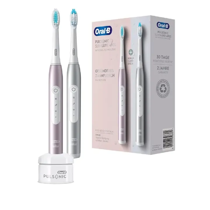 ORAL-B PULSONIC-SLIMLUXE 4900 Cepillos de Dientes eléctricos sónicos con 3 modos de limpieza dental, 2 cabezales, Pack de 2 unidades, colores Rosa y Plata - 1