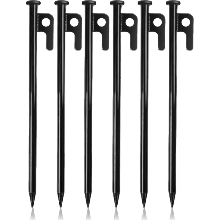 6 PCS Tent Stakes,11.8in (30cm) Heavy Duty Metal Steel Tent Pegs, with Hooks and holes, Suitable for Outdoor Camping Hiking (Black) - 1