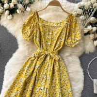 Vestido Midi Elegante De Verano Para Mujer Con Cuello En V Estampado Floral Manga Acolchada Cintura Alta Botones Vestido De Playa Rojo/Amarillo/Negro - details 15