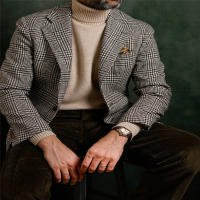 Chaleco De Negocios Houndstooth Para Hombres Plaid Notched Lapel Single Breasted Chaqueta Formal Moda Masculina Abrigo De Cuadros - details 0