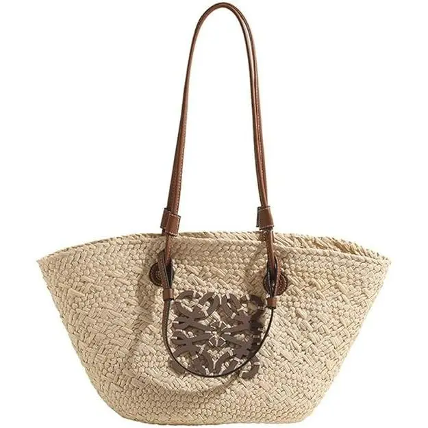 Bolso de paja Bolso de gran capacidad Bolso de mano tejido a mano Bolso de Playa para Mujer (1 Unidad, beige) - 1