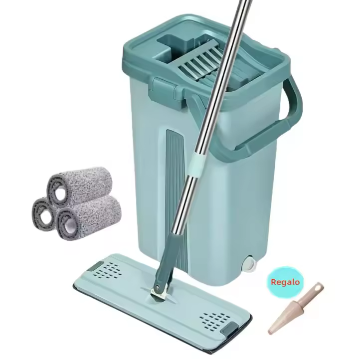 Mopa Plana Con Cesta Y Succión Manual Para Limpieza De Pisos Microfibra Uso Húmedo O Seco Para Madera Y Láminas - 1