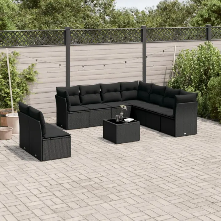vidaXL Set de sofás de jardín 10 pzas cojines ratán sintético negro - 1