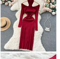 Vestido Largo Elegante De Otoño Invierno Para Mujer Con Cuello Haltera Y Cintura Ajustada Vestido Bodycon Coreano Para Oficina Vestidos De Suéter - details 16