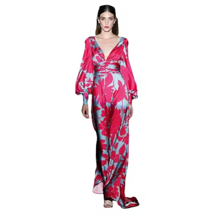 Primavera y Verano Mujeres Temperamento Dividir Vestidos Celebrity Gran Swing Cintura Vestidos Sub Vestido Largo Slim Lantern Manga Moda Impreso V-Cuello Vestidos Largos Cintura Alta Commuter Manga Larga Negocios Vestidos de interior - 1
