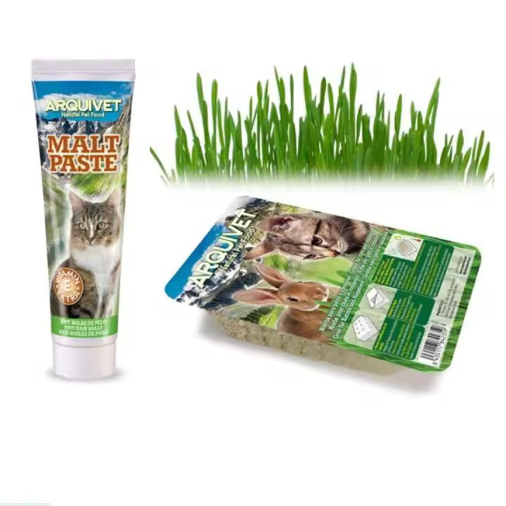 Pasta de Malta para Gatos 100g - Previene Bolas de Pelo y Favorece el Tránsito Intestinal +Hierba para gatos en bandeja 100 gr - Evita la acumulación de bolas de pelo  Arquivet - 1