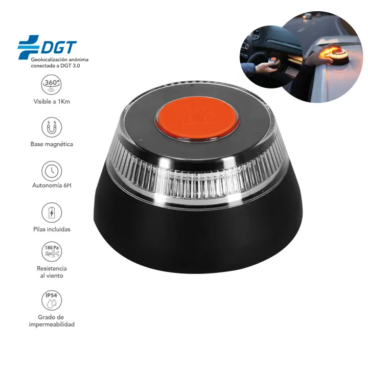 RegaloVip.es  - Baliza emergencia V16 conectada con geolocalización, DGT 3.0, luz de emergencia homologada, conectada y autorizada por DGT, señal V16 con pilas incluidas, conectividad Telefonica datos hasta 2038,vision 360 grados - 1