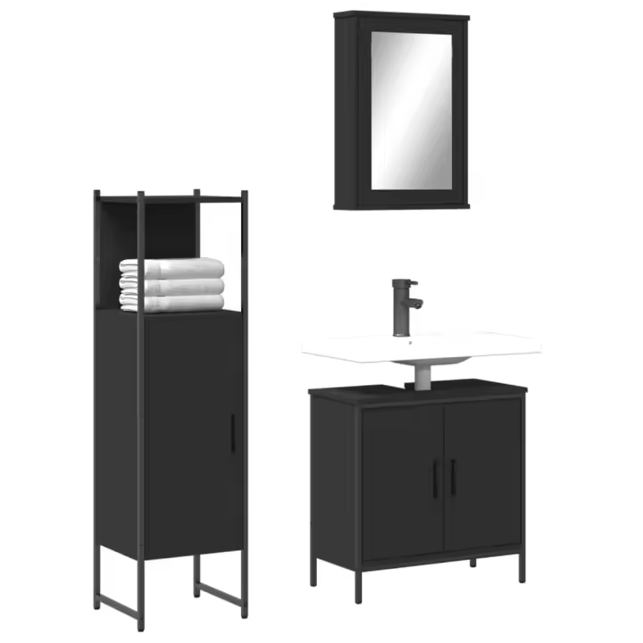 vidaXL Juego de muebles de baño 3 pzas madera contrachapada en color Negro/Roble ahumado/Roble Sonoma | almacenamiento funcional diseño moderno para baño dormitorio sala - 1