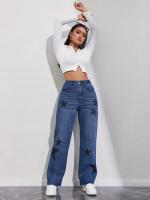 Jeans De Cintura Media Para Mujeres Con Estampado De Estrellas Pantalones De Mezclilla Sueltos Y Largos Estilo Casual - details 5