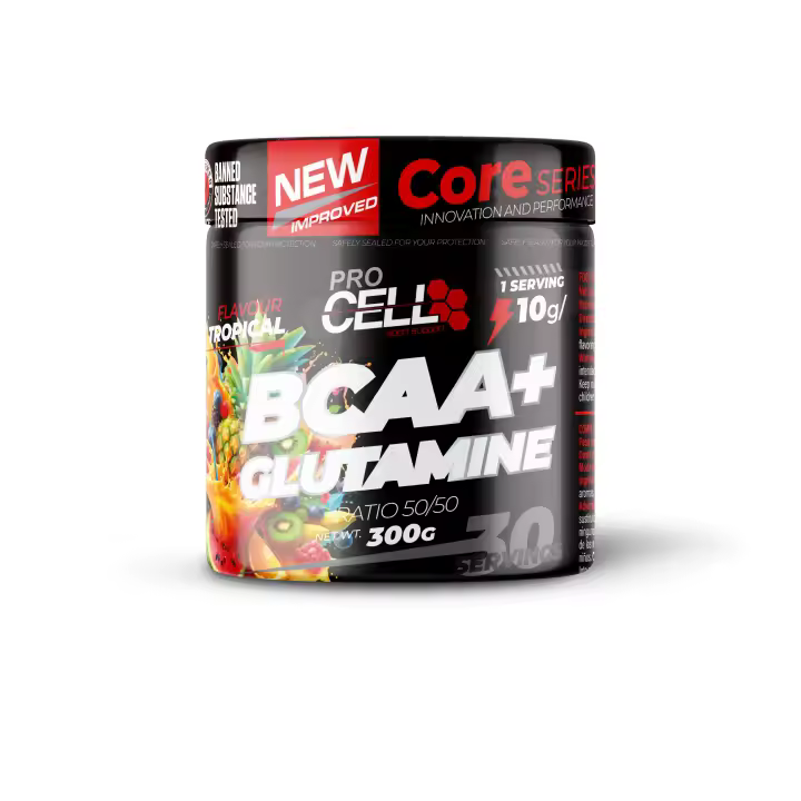BCAA+GLUTAMINE CORE 300 gr Procell Sport - Ayuda al Mantenimiento, Desarrollo y Aumento de Masa Muscular con BCAA 2:1:1 y Glutamina (Sabor Tropical) - Suplemento en Polvo para Nutrición Deportiva - 1
