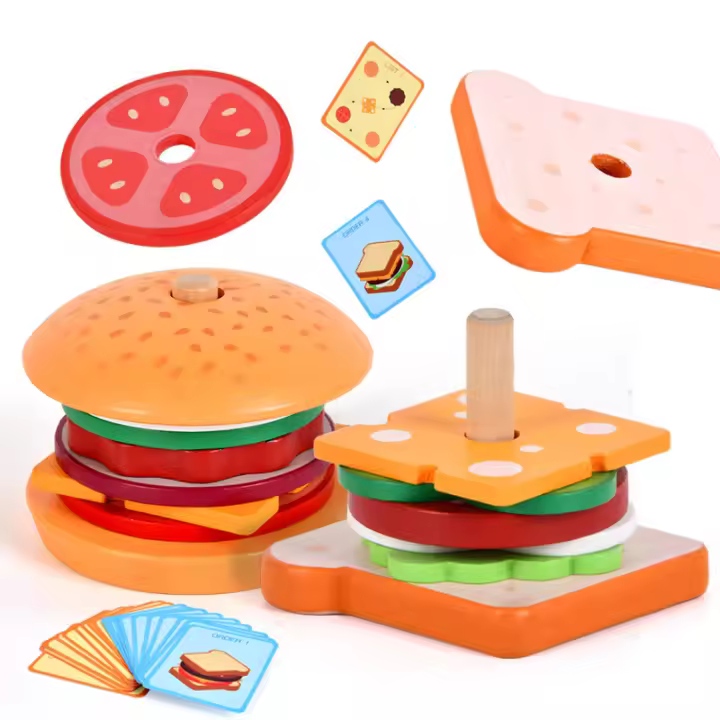 Juguetes Educativos Para Niños Casa De Juegos Simulados Con Juego De Sándwich Y Hamburguesa Bloques De Formas De Madera Para Conocer La Alimentación - 1