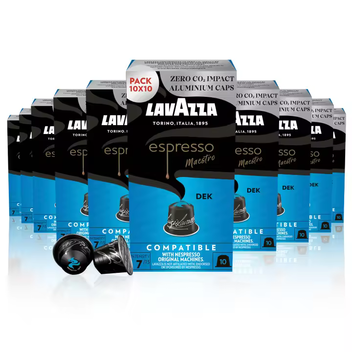 Lavazza, Espresso Maestro Dek, 100 Cápsulas de Café Descafeinado Compatibles con Máquinas Nespresso* Original, Notas de Frutos Secos y Chocolate Ligero, Arábica y Robusta, Intensidad 7, Tueste Medio - 1