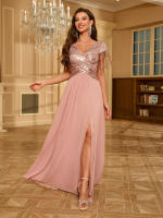 Vestido De Talla Alta Con Borlas Y Abertura Alta Glitter V-Neck De Tela De Chiffón Rosa Con Parches De Lentejuelas Para Mujer - details 1