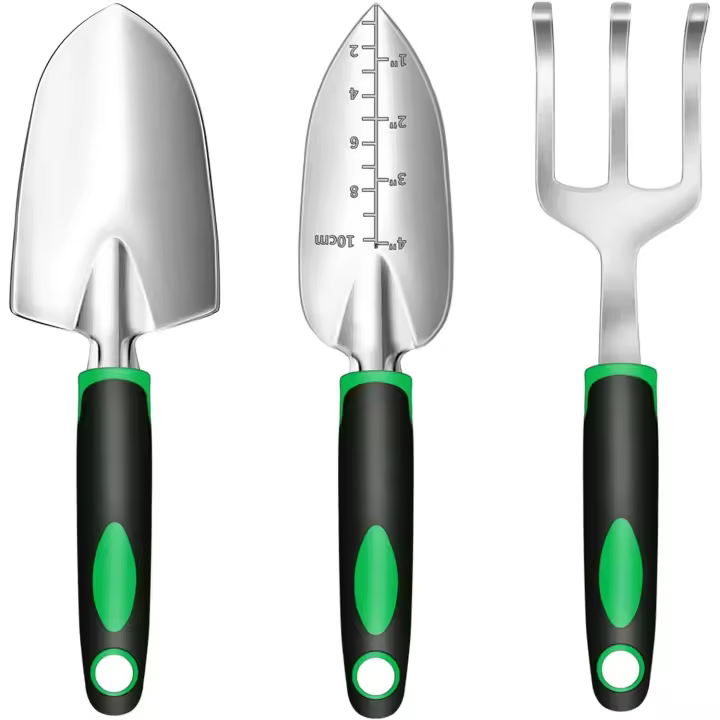 Juego de herramientas de jardinería de 3 piezas: pala, azada y rastrillo profesionales, mango ergonómico antideslizante para balcones, macetas y huertos. - 1