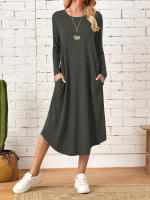 Vestido Largo Casual Para Mujer De Color Sólido Con Cuello En V Y Bolsillos Estilo Europeo Y Americano Para Otoño E Invierno Vestido Suelto Con Corte Curvo - details 0