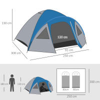 Outsunny Tienda de Campaña para 3-4 Personas Tienda de Camping con Ventanas 2 Bolsillos y Bolsa de Transporte 250x300x130 cm Gris y Azul - details 2