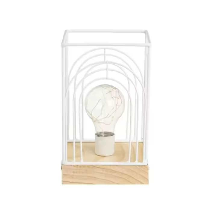 Dcasa Lámpara de mesa decorativa a pilas cuadrada metal blanco y madera de 12x12x20 cm - 1