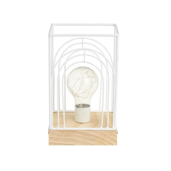 Dcasa Lámpara de mesa decorativa a pilas cuadrada metal blanco y madera de 12x12x20 cm - 1