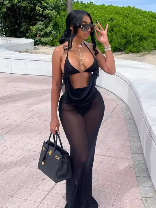 Conjunto De Verano Para Mujer Nibber Dos Piezas Sexy Con Halter V-Neck Translúcido Sujetador + Falda Larga Sólida Bodycon Elegante Para Noche - 1