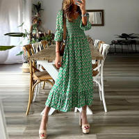 Vestido Largo Para Mujer Con Estampado Verde Y Acolchado Estilo Europeo Otoño 2024 Moda Oficina Lady Cuello V Manga Puff Polyester - details 7