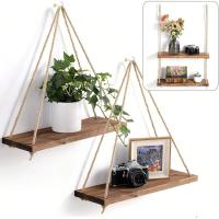 1PC Estante Colgante De Madera Con Correa De Lino Decoración De Pared Para Sala De Estar Y Jardín Soporte Para Macetas De Plantas Estilo Clásico Posmodernista - details 0