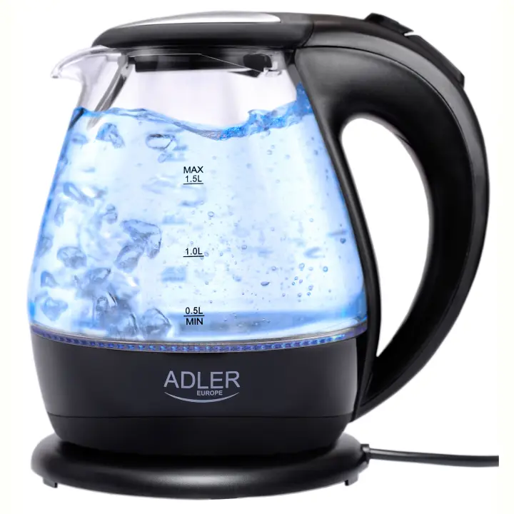 Adler AD 1224 Hervidor Agua Eléctrico 1,5 Litros Jarra Cristal Inalámbrica Retroiluminada, Apagado Automático, 2200W, Negro - 1