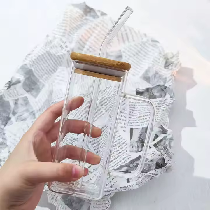Vaso De Vidrio Transparente Con Tapa De Bambú Y Pajita De Color Para Bebidas Resistentes Al Calor De 301-400ml Vaso Grande Para Agua Leche Jugo Té De Burbujas - 1