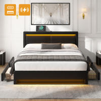 [Selección de Hogar🎁] Cama Tapizada 140x200 cm Negro - Patrón Lichi PU | Carga Eléctrica + USB, Iluminación LED Y 4 Cajones de Almacenamiento (Sin Colchón) - details 1