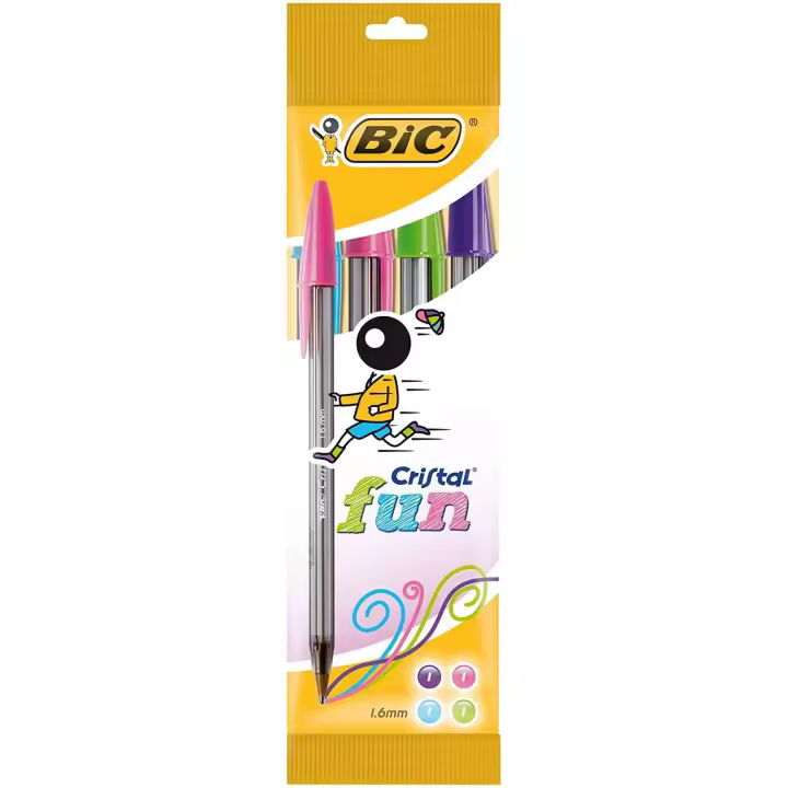 BIC Cristal Fun Pack de 4 Bolígrafos de Colores Surtidos con Punta Redonda de 1.6mm - 1