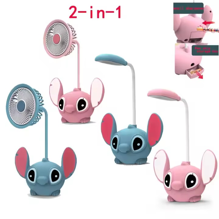 Ventilador USB Plegable Stitch Rosa con Sacapuntas – Mini Ventilador Portátil Recargable - 1