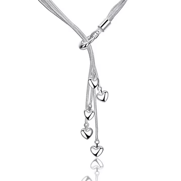 925 Sterling Silver Five Love Heart Pendan Snake Chain Necklace for Women Jewelry - 1