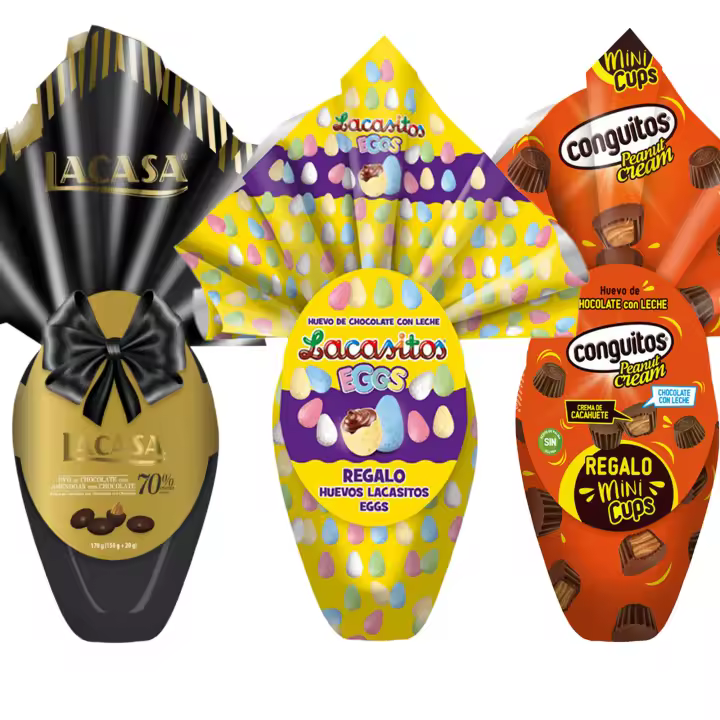 Pack 3 huevos de pascua: Lacasitos Eggs 150 g + 20 g & Lacasa Chocolate 70% cacao 170 g & Conguitos Penaut Cream 150 g + 13 g. - 1