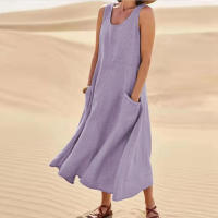 Vestido Sin Mangas De Algodón Y Lino Para Mujer Vestido De Verano Casual Cuello En V Largo Hasta La Rodilla Con Bolsillos - details 6