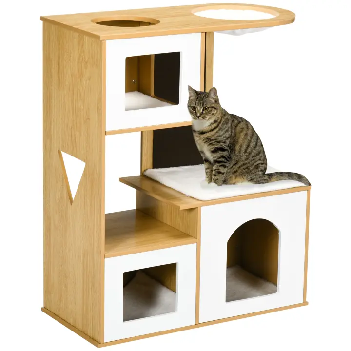 PawHut Árbol Rascador para Gatos Altura 92,5 cm Torre para Gatos con 3 Casetas de Madera Cojines Lavables Tabla de Rascador y Hamaca 76x37x92,5 cm Roble - 1