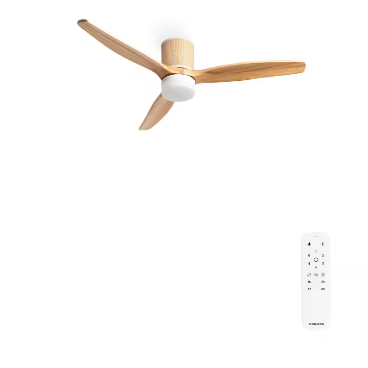 CREATE - Ventilador de techo 40W silencioso Ø132 cm con luz LED en cuerpo y lámpara - WIND CALM RATTAN - 1