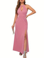 Vestido Elegante De Noche Para Mujer Con Abertura En El Brazo Y Cuello Alto Vestido Largo Para Cóctel De Polyester Y Spandex - details 12