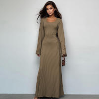 Vestido De Mujer Elegante Con Cuello Cuadrado Y Manga Larga Slim Ankle Strap Vestido De Polyester De Alta Estirabilidad Estilo Casual - details 8