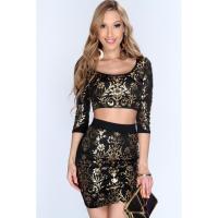 Conjunto negro con estampado vegetal dorado: top + falda MARCA GENERICA - details 4