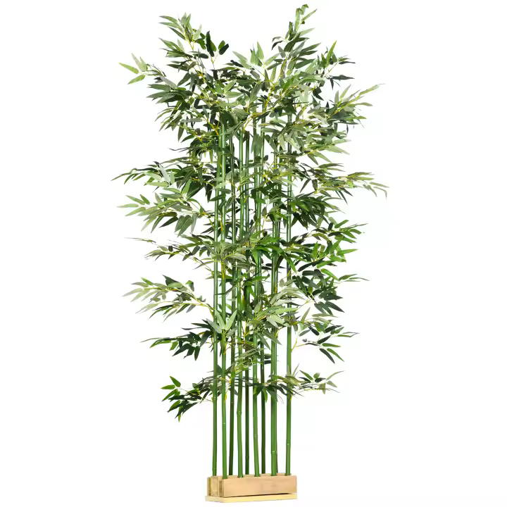 HOMCOM Bambú Artificial en Maceta de Madera de Pino 180 cm Planta Artificial con 1640 Hojas Realistas Decoración para Interior y Exterior Hogar 35x10x180 cm Verde - 1