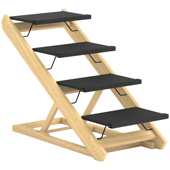 PawHut Escalera para Perros 2 en 1, 4 Escalones, 62,5 cm de Altura, Escaleras para Mascotas Ajustables, Rampa Plegable para Perros con Superficie Antideslizante para Cama, sofá, Perros Grandes de hasta 40 kg, Natural - 1