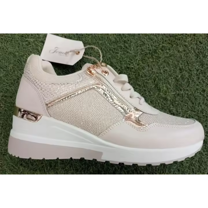 Jomix 9403 Deportiva con Cuña Beige y Dorados Ajustable con Cordones y Cremallera - Zapatilla Mujer - 1
