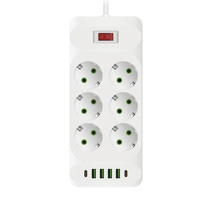 2m-Regleta De Enchufes Con 6 Tomas De Corriente Para Europa Con Interruptor, Enchufes De CA Y 4 Puertos De Carga Rápida USB Y 2 Tipo-C PD, 2500W/10A,La Oficina, El Dormitorio Y La Sala De Juegos, Protector Contra Sobretensiones - 1